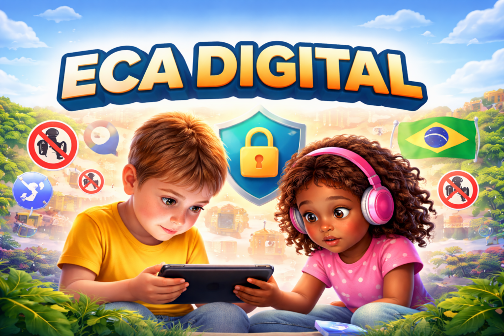 Ilustração de duas crianças usando um tablet com o título “ECA DIGITAL” em destaque, acompanhada de símbolos de segurança online, controle de conteúdo e proteção digital no Brasil.
