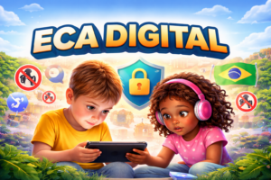 Ilustração de duas crianças usando um tablet com o título “ECA DIGITAL” em destaque, acompanhada de símbolos de segurança online, controle de conteúdo e proteção digital no Brasil.