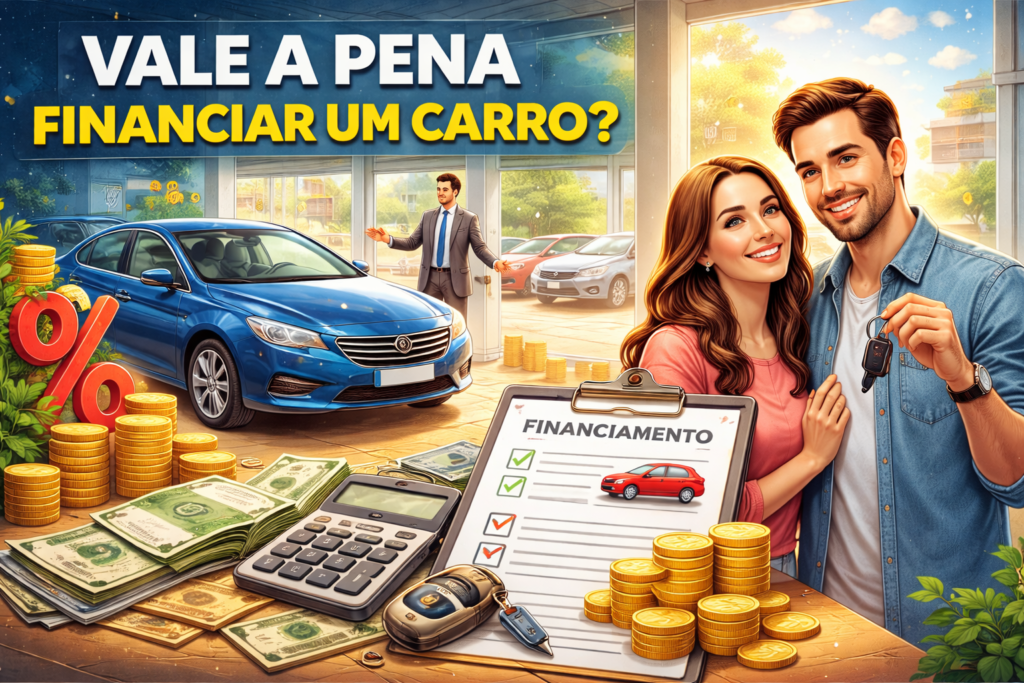 Casal em concessionária avaliando financiamento de carro com planilha, calculadora e veículo ao fundo.