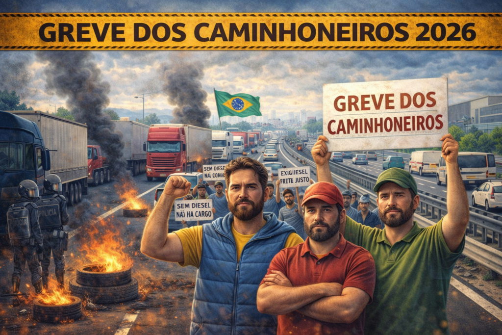 Ilustração de uma greve de caminhoneiros com vários caminhões parados em uma rodovia, motoristas protestando com cartazes e pneus em chamas ao fundo, enquanto a bandeira do Brasil aparece tremulando.