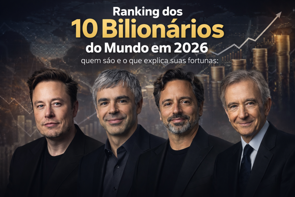 Ranking dos 10 bilionários do mundo em 2026 com líderes da tecnologia e luxo ao fundo e gráfico de crescimento financeiro