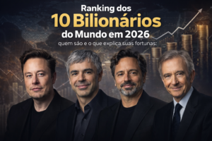 Ranking dos 10 bilionários do mundo em 2026 com líderes da tecnologia e luxo ao fundo e gráfico de crescimento financeiro