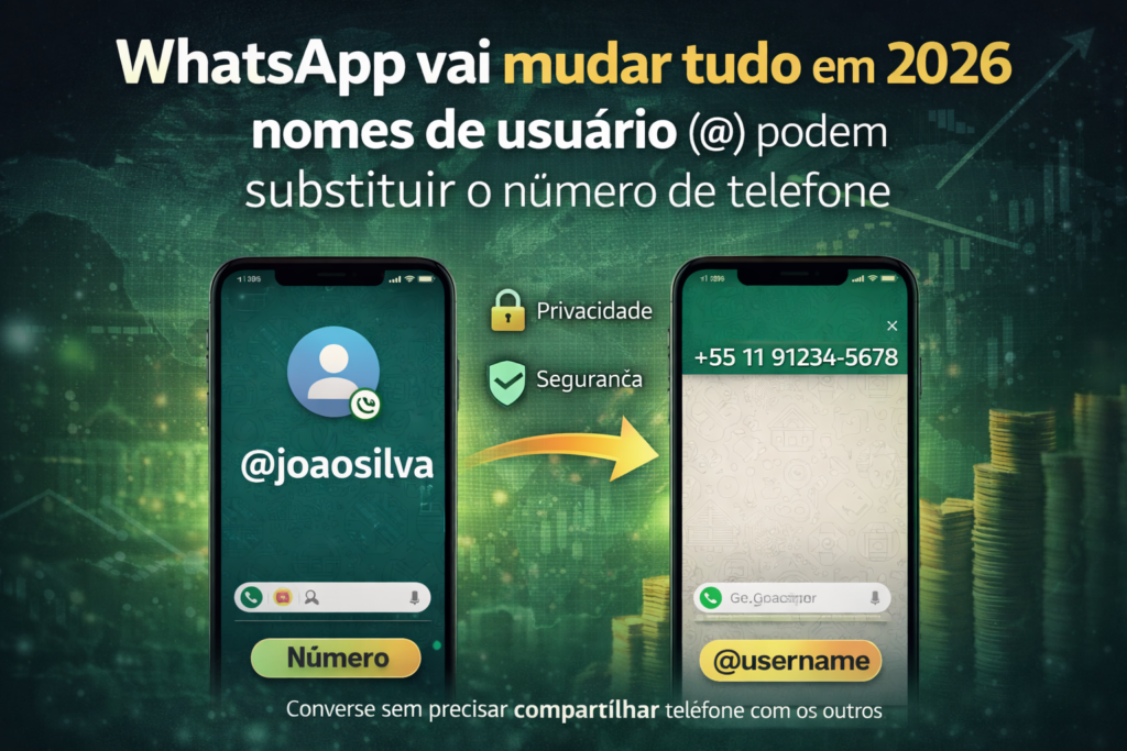 Atualização do WhatsApp 2026 com nomes de usuário @ substituindo número de telefone e foco em privacidade