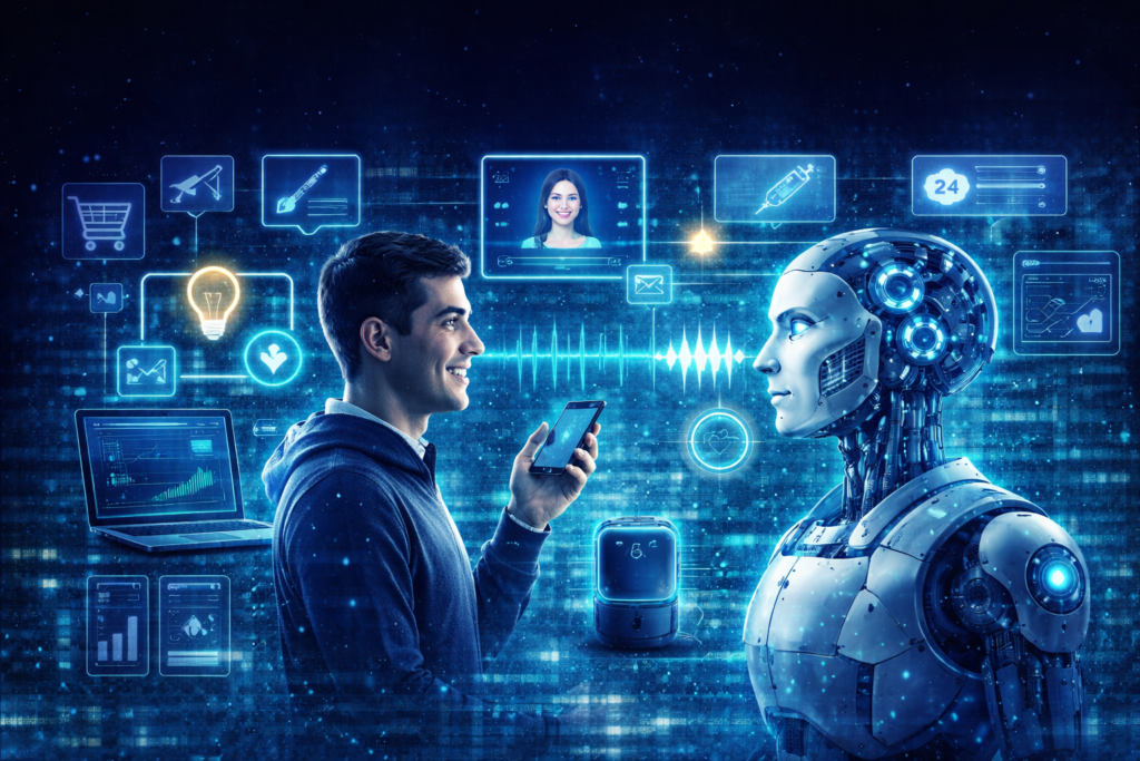 Homem usando smartphone interagindo com robô humanoide em ambiente futurista, cercado por hologramas e dispositivos inteligentes que representam o uso da inteligência artificial no dia a dia.