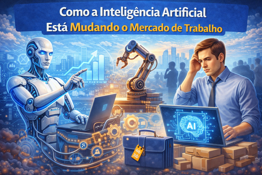 Ilustração mostrando um robô utilizando computador e um braço robótico em uma cidade futurista, enquanto um trabalhador humano observa preocupado um laptop com símbolo de inteligência artificial, representando o impacto da IA no mercado de trabalho.
