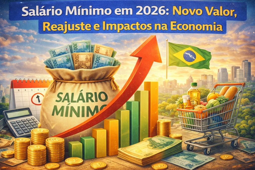 Ilustração de um saco de dinheiro com a inscrição “salário mínimo”, cercado por moedas, gráfico de crescimento, calculadora e carrinho de compras, com a bandeira do Brasil ao fundo.