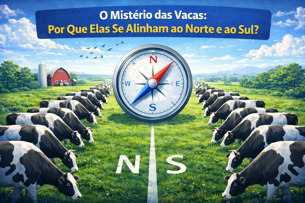 Vacas alinhadas com bússola ao fundo