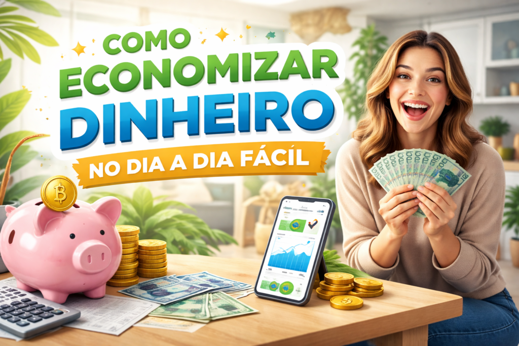 Mulher feliz segurando dinheiro ao lado de cofrinho, moedas e celular com gráfico financeiro em ambiente doméstico iluminado