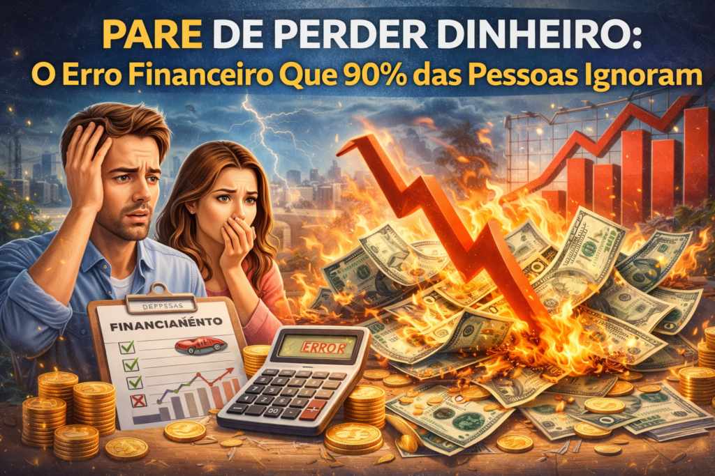 Casal preocupado vendo dinheiro em chamas e gráfico financeiro em queda, representando erros que fazem perder dinheiro.