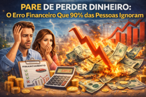 Casal preocupado vendo dinheiro em chamas e gráfico financeiro em queda, representando erros que fazem perder dinheiro.
