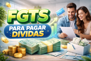 Casal analisando documentos financeiros com dinheiro e elementos digitais representando alívio de dívidas e uso do FGTS