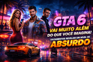 Cena noturna estilo GTA 6 com cidade neon, carros esportivos e personagens em ambiente urbano realista