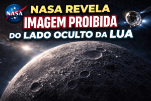Lado oculto da Lua com superfície cheia de crateras, nave espacial ao fundo e iluminação solar dramática no espaço