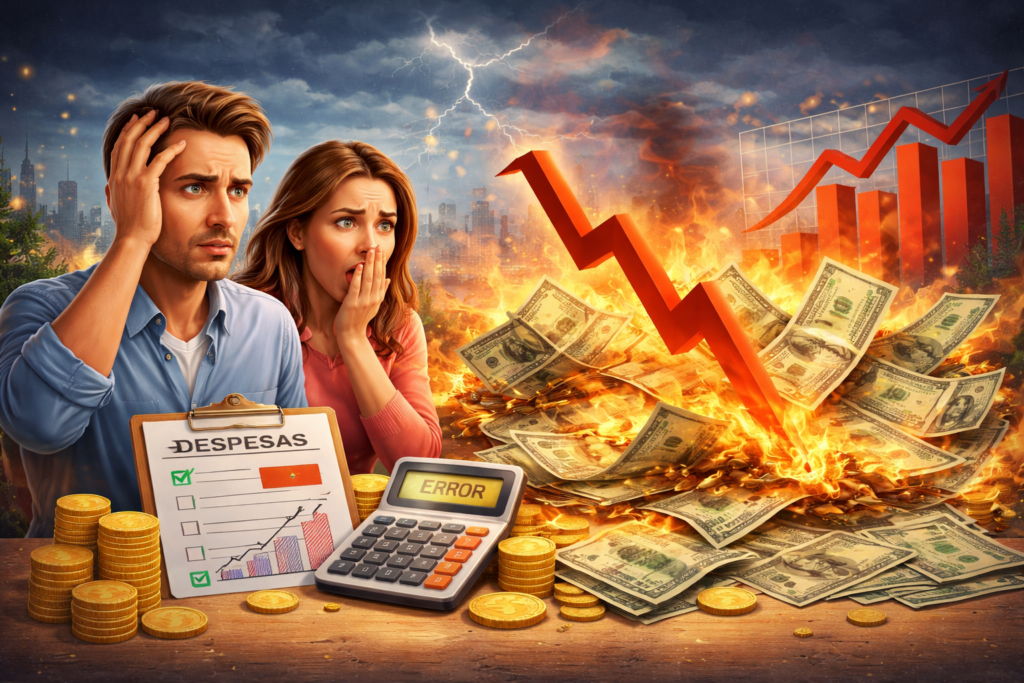 Casal preocupado vendo dinheiro em chamas e gráfico financeiro em queda, representando o tema pare de perder dinheiro.