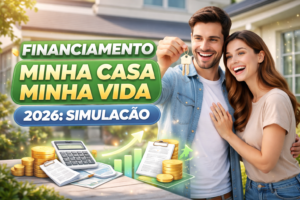 Casal feliz em frente à casa nova segurando chaves, com elementos financeiros como moedas e calculadora representando financiamento imobiliário