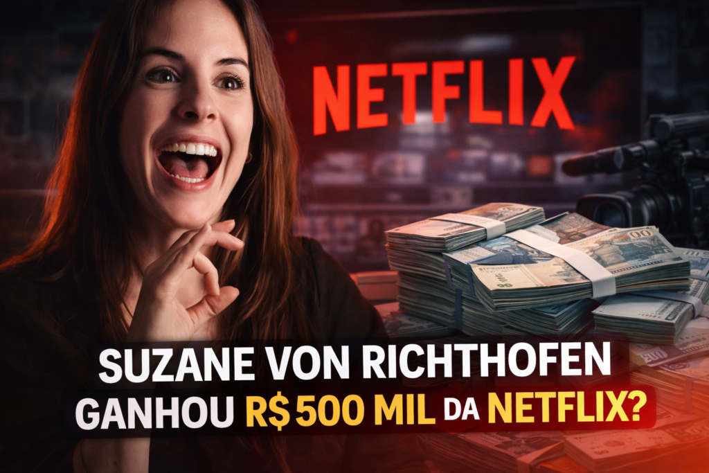 Mulher sorrindo com expressão chamativa ao lado de dinheiro em reais e logo da Netflix ao fundo, representando polêmica sobre Suzane von Richthofen