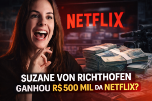 Mulher sorrindo com expressão chamativa ao lado de dinheiro em reais e logo da Netflix ao fundo, representando polêmica sobre Suzane von Richthofen
