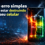 Celular com bateria dividida entre 0% e 100% com efeito de dano, representando erro que prejudica a vida útil da bateria
