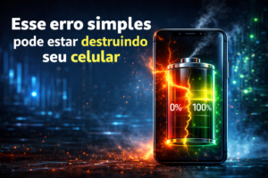 Celular com bateria dividida entre 0% e 100% com efeito de dano, representando erro que prejudica a vida útil da bateria