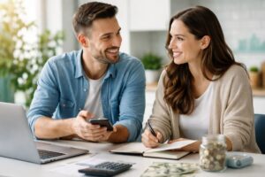 Casal conversando sobre finanças pessoais com notebook, calculadora e dinheiro sobre a mesa em ambiente moderno