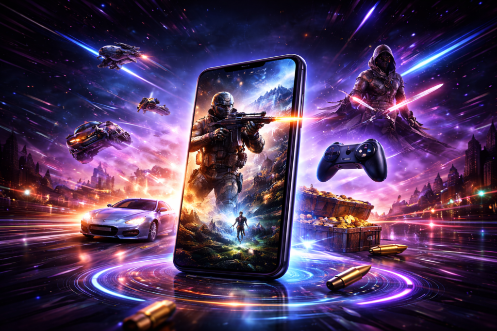 Smartphone exibindo jogos mobile avançados com gráficos futuristas, incluindo corrida, tiro e RPG em ambiente neon