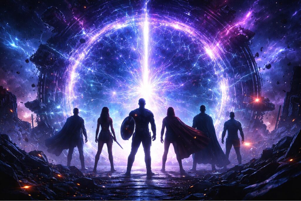 Heróis em silhueta diante de portal multiversal com energia azul e roxa em cena épica futurista